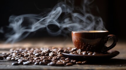 Close-up shot of an espresso cup surrounded by coffee beans, with rich brown tones and steam rising from the cup. perfect for coffee lovers.