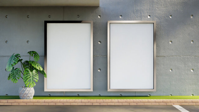 Double Empty Portrait Frame Banner Size 3x2 meter on the Grey Wall Outdoor Natural Lighting Minimalist Industrial Urban Baliho Photo Advertising for Marketing Mockup