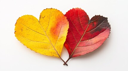 Pair of Vibrant Colorful Autumn Leaves Forming Romantic Heart Shape On White Background