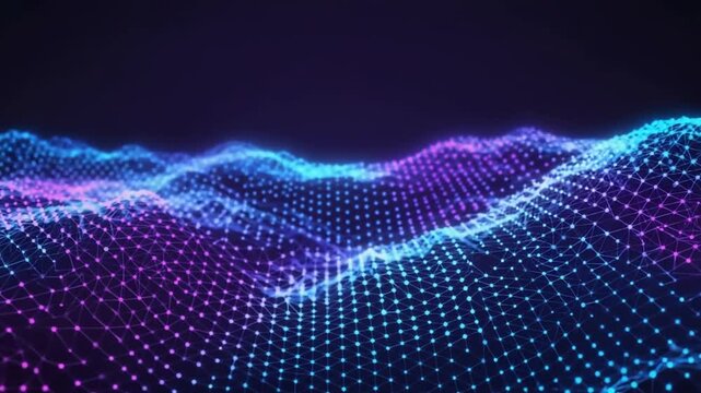 Abstract glowing neon landscape of connected points and lines forming wavy hills