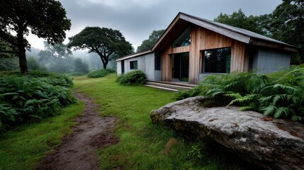 Modern wooden house in lush green forest with foggy atmosphere and natural surroundings