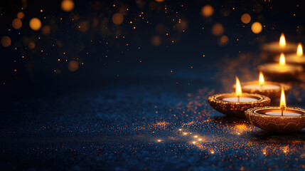 Fototapeta premium Warm, glowing candles in dark, glittering background. Soft light, sparkling, arranged in a row, creating a peaceful ambiance