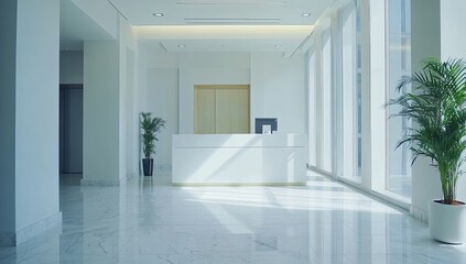 Modern, bright lobby with a reception desk