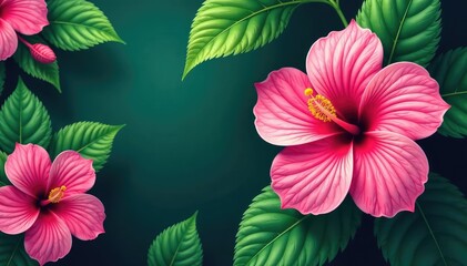 Bold tropical hibiscus print, vibrant jungle greens & pinks, pink, patterned
