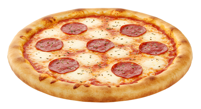 Round pizza with pepperoni and mozzarella.  Toppings evenly distributed