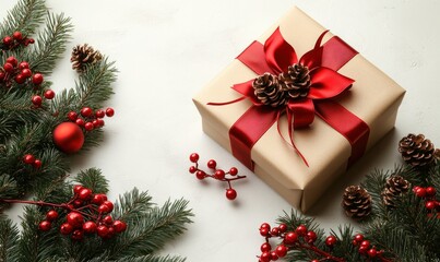 Christmas Gift Decorated With Red Ribbon Pine Cones And Berries