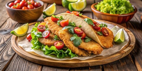 Crispy battered fish laid on a wooden platter garnished with shredded lettuce
