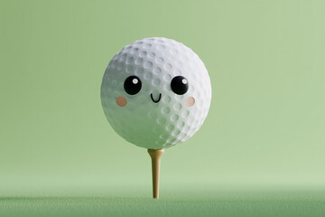 Smiling Golf Ball Cartoon on Tee with Green Background