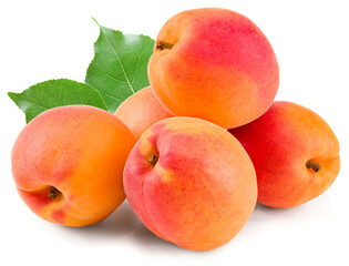 apricot fruits with green leaf isolated on white background. clipping path