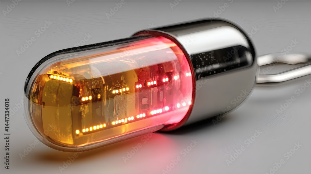 Poster futuristic capsule with colorful liquid and illuminated circuit design