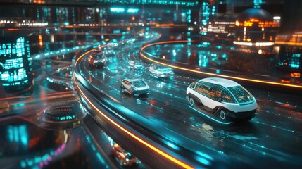 Fototapeta premium Futuristic vehicles navigate glowing city roadway.