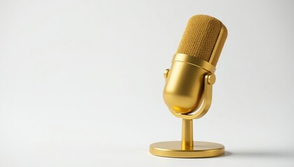 Close-up shot of a single gold microphone on white background, gold, rap, dj