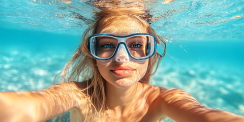 Naklejka premium Beautiful Young Woman Snorkeling, Enjoying the Underwater World in Tropical Paradise