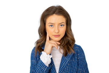 Professional female executive deep in thought, hand resting on chin against neutral backdrop