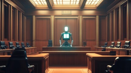 Robot judge presides in ornate courtroom.