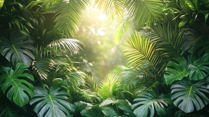 Lush Tropical Paradise: Sunlight Filtering Through Dense Rainforest Canopy