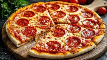 Delicious Pepperoni Pizza on Wooden Board