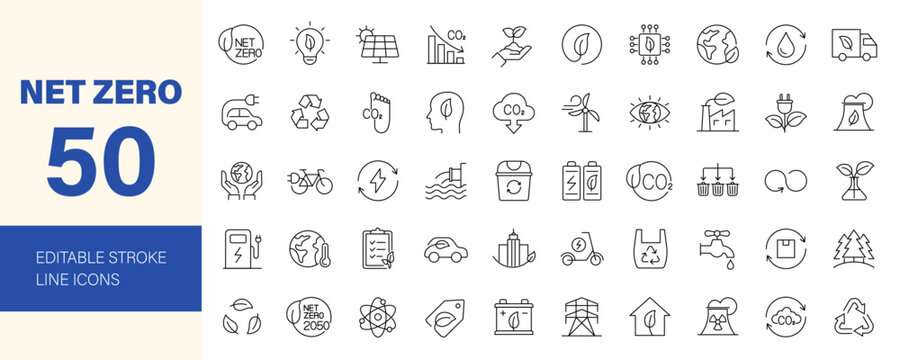 Net Zero icon set. Containing ECO, ecology, environment, recycling, green energy, organic, solar energy, green city, CO2 neutral and more. Editable line icons. Vector illustration. - Powered by Adobe