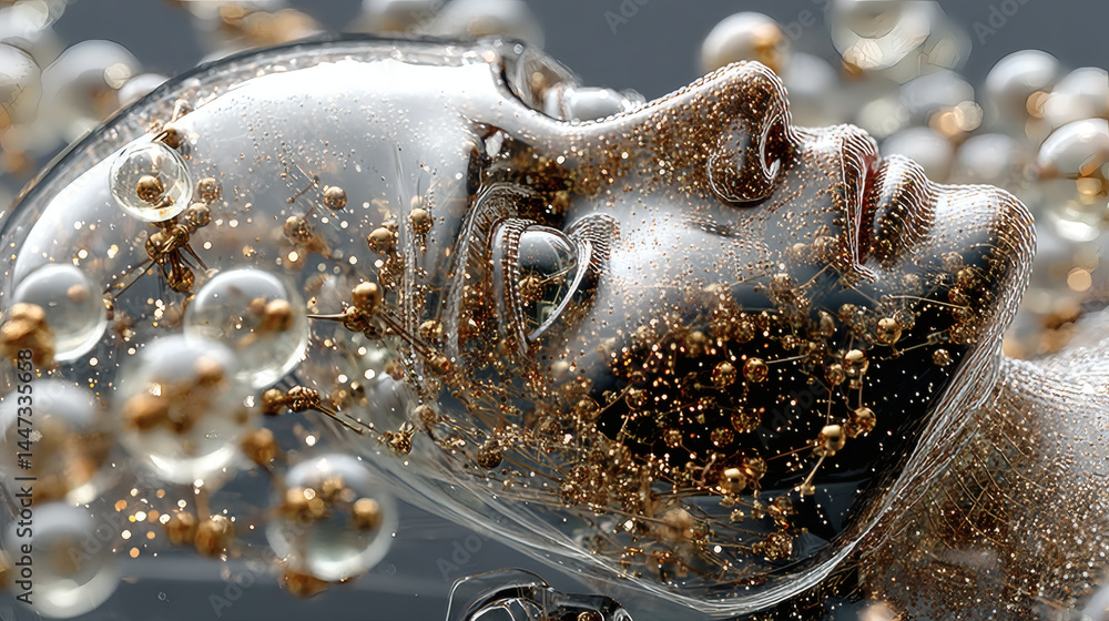 Poster futuristic abstract portrait with floating bubbles and golden particles