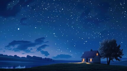 Fototapeta premium Farmhouse glowing under starry night sky