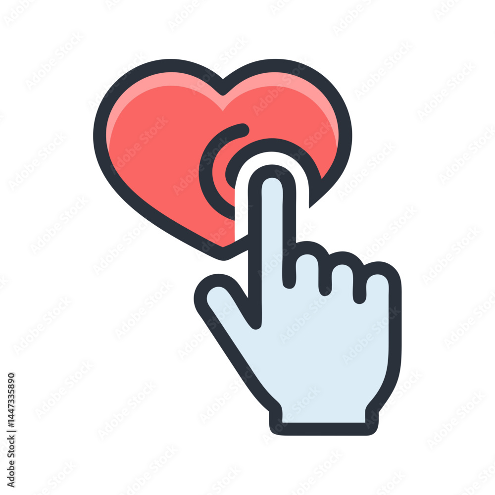 Poster hand tapping on heart button icon representing social media like and positive interaction