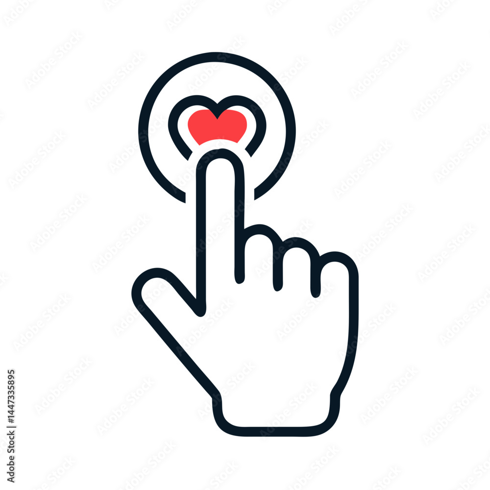 Poster hand tapping on heart button icon representing social media like and positive interaction