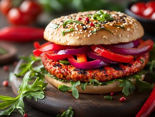 Spicy grilled patty, red peppers, onions, arugula