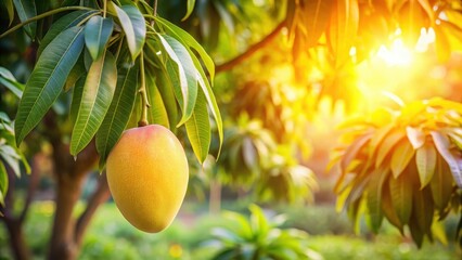 A sweet, ripe mango hanging from a tree branch, with sunlight filtering through its leaves , tropical, mango,  tropical, mango