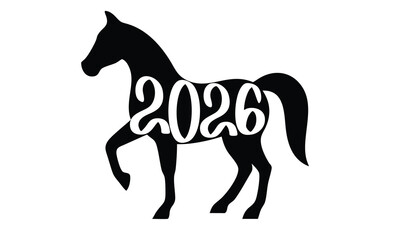 Numbers 2026 Year as Horse Isolated on Background. 2026 Minimal Banner. Hand Drawn Vector Art. 