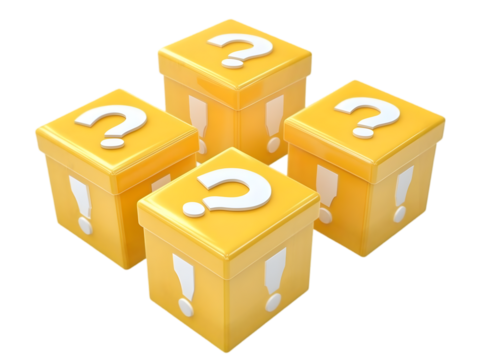 Stacked Yellow Gift Boxes With Question Marks And Exclamation Points Illustration