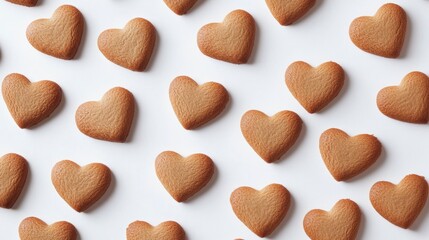 Fototapeta premium Flat lay of multiple heart-shaped cookies arranged on white background.