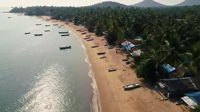 Scenic shoreline with boats at a tranquil beach in a tropical paradise Generative AI