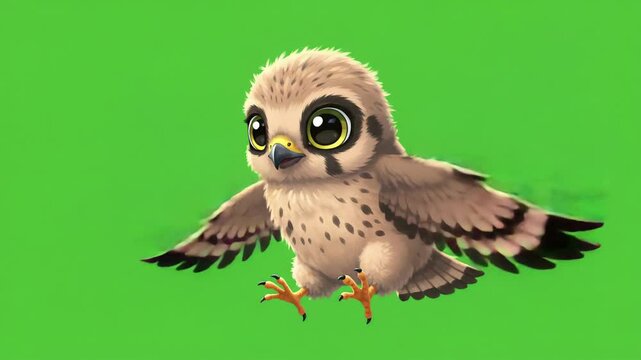 Cute baby falcon in flight against green background