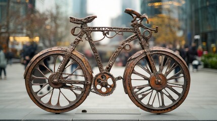 Intricate Bronze Bicycle Sculpture in Urban Setting