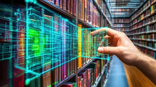 Hand selects digital book from library shelf