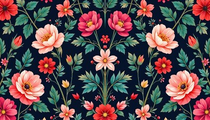 Bold floral damask, rich blooms & vines, repeating design , textile, illustration