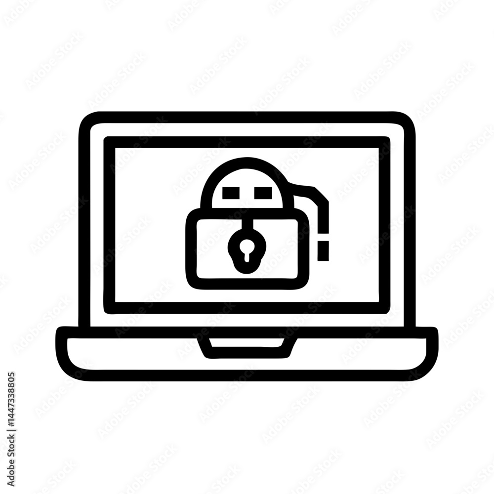Poster laptop with ransomware encryption icon representing cyberattack, data lockdown, and digital threat