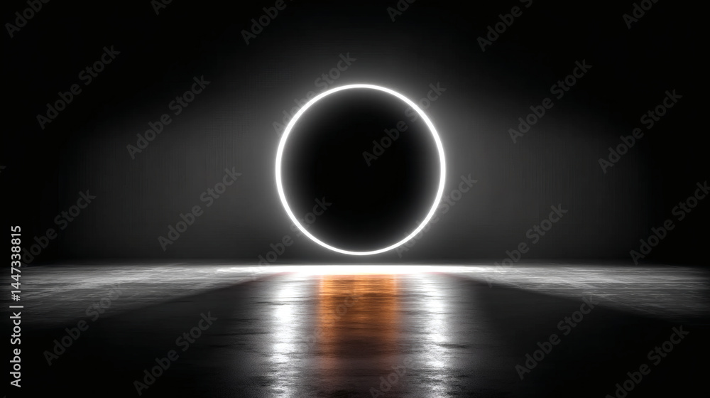 Poster glowing circular shape in dark space with reflective surface