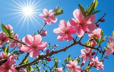 Pink Peach Blossoms Bask In Bright Sunshine