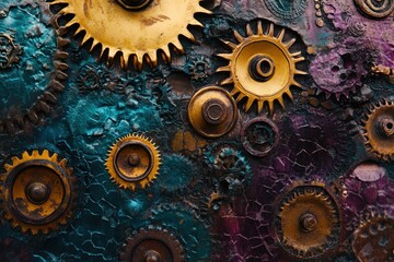 A vibrant steampunk-inspired collage featuring intricately detailed metallic gears and cogs on a textured, painted background.