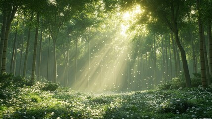 Obraz premium Sunbeams pierce a lush, tranquil forest filled with white flowers