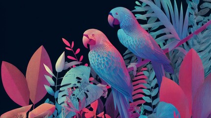 Colorful Parrots Among Leaves