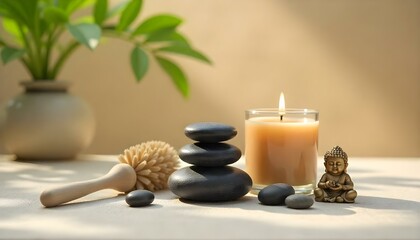 Obraz premium spa cosmetics, stones, massage brush, candle, Buddha figurine on beige surface isolated on grey