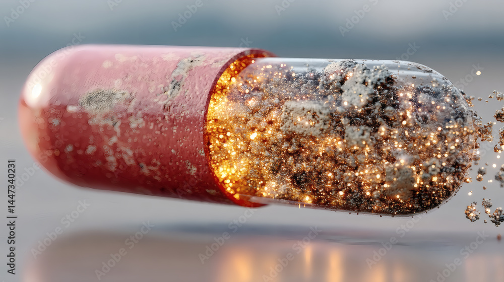 Poster glittering capsule with sparkling contents in a dynamic motion blur