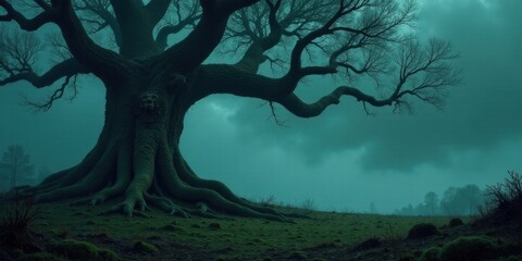 Ancient, gnarled tree with exposed roots on a misty field at dusk