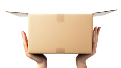 Hands holding an open brown cardboard box against a transparent background