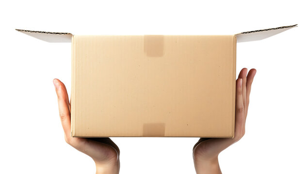 Hands holding an open brown cardboard box against a transparent background