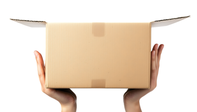 Hands holding an open brown cardboard box against a transparent background