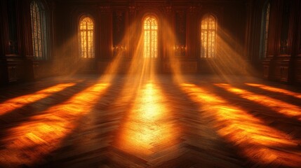 Sunlit Grand Hall with Wooden Floor and Tall Windows