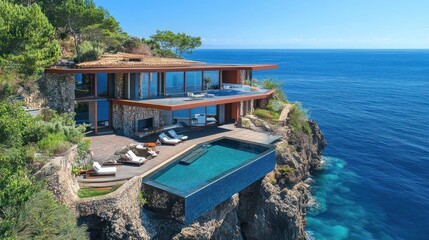 Fototapeta premium Luxury Cliffside Villa with Infinity Pool and Breathtaking Ocean Views